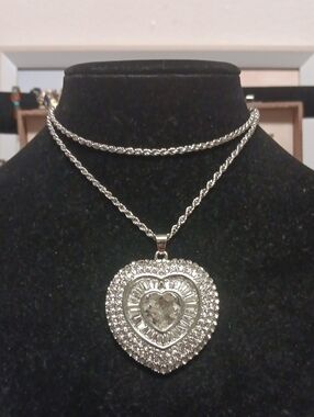 White Austrian Crystal Heart Pendant Necklace in Silvertone 28-30 Inches